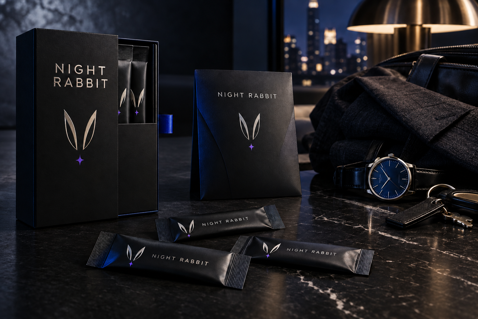 Night Rabbit packaging concept: black carton and sachets with cobalt and violet accents.